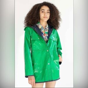 Vintage Ms Sport Green Patent Raincoat with Hood Raincoat Jacket